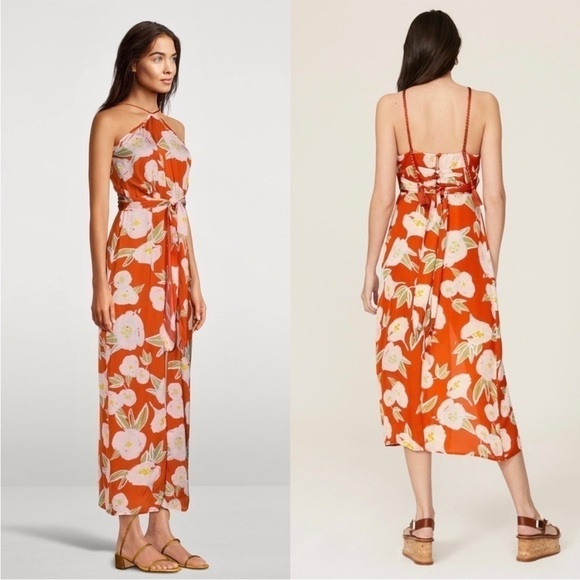 CAROLINA K Floral Satin Sleeveless Halter Neck Tie
Waist Leg Slit Maxi Dress XS - Picture 5 of 8